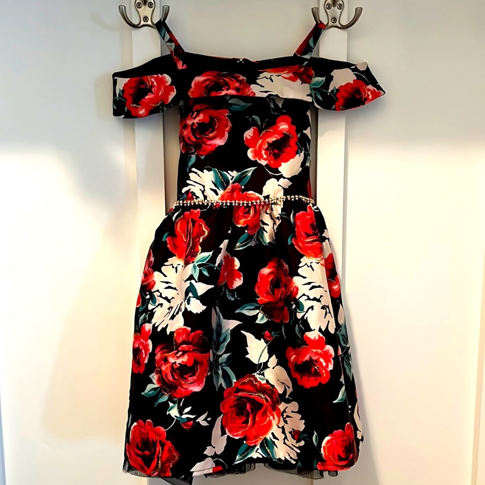 Off the shoulder (with thin straps), over the knee, floral dress.  Worn once.